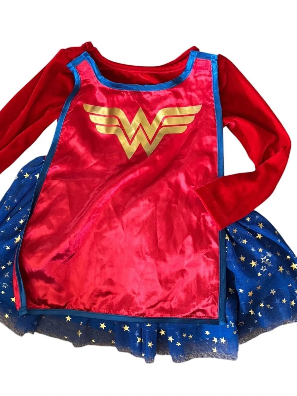 Wonder Woman Toddler 3T Velvet Dress Crinoline Skirt Attached Cape Logo Dress Up